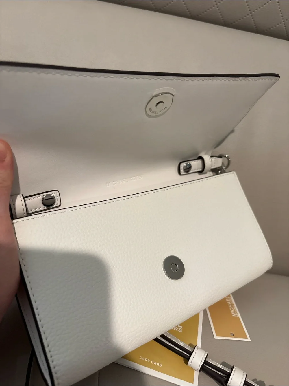 MICHAEL Michael Kors Optic White Leather Crossbody Clutch with Silver Chain